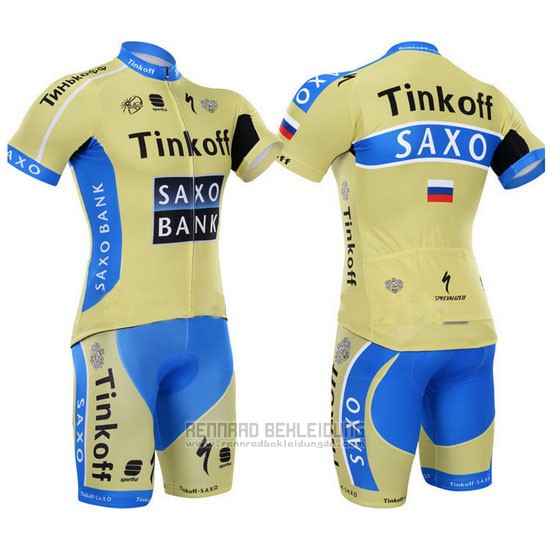 2015 Fahrradbekleidung Tinkoff Saxo Bank Azurblau und Gelb Trikot Kurzarm und Tragerhose